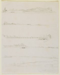 ワームスとオッペハイムの近くにあるライン川、1858年（オフホワイトの織り紙に鉛筆） 作： James Abbott McNeill Whistler